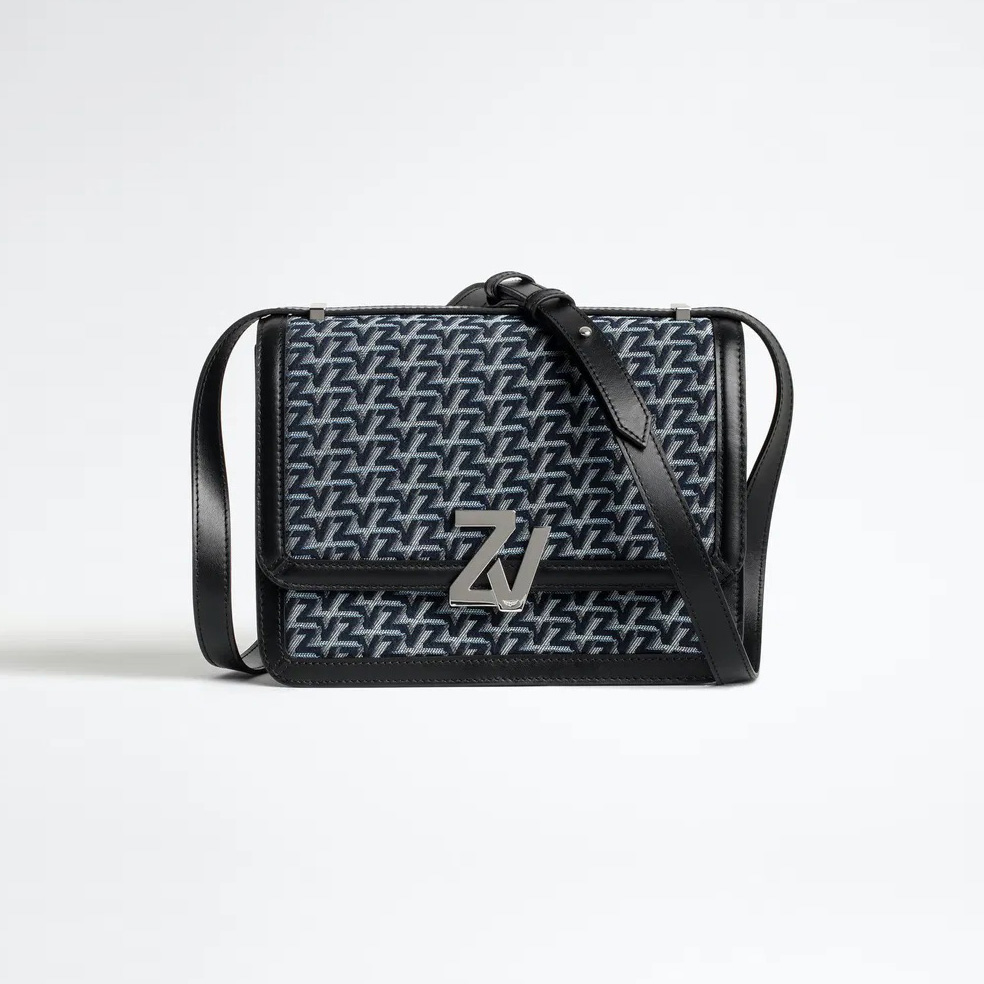 Mala carteira padrão azul cinza com fecho metálico ZV e alça preta