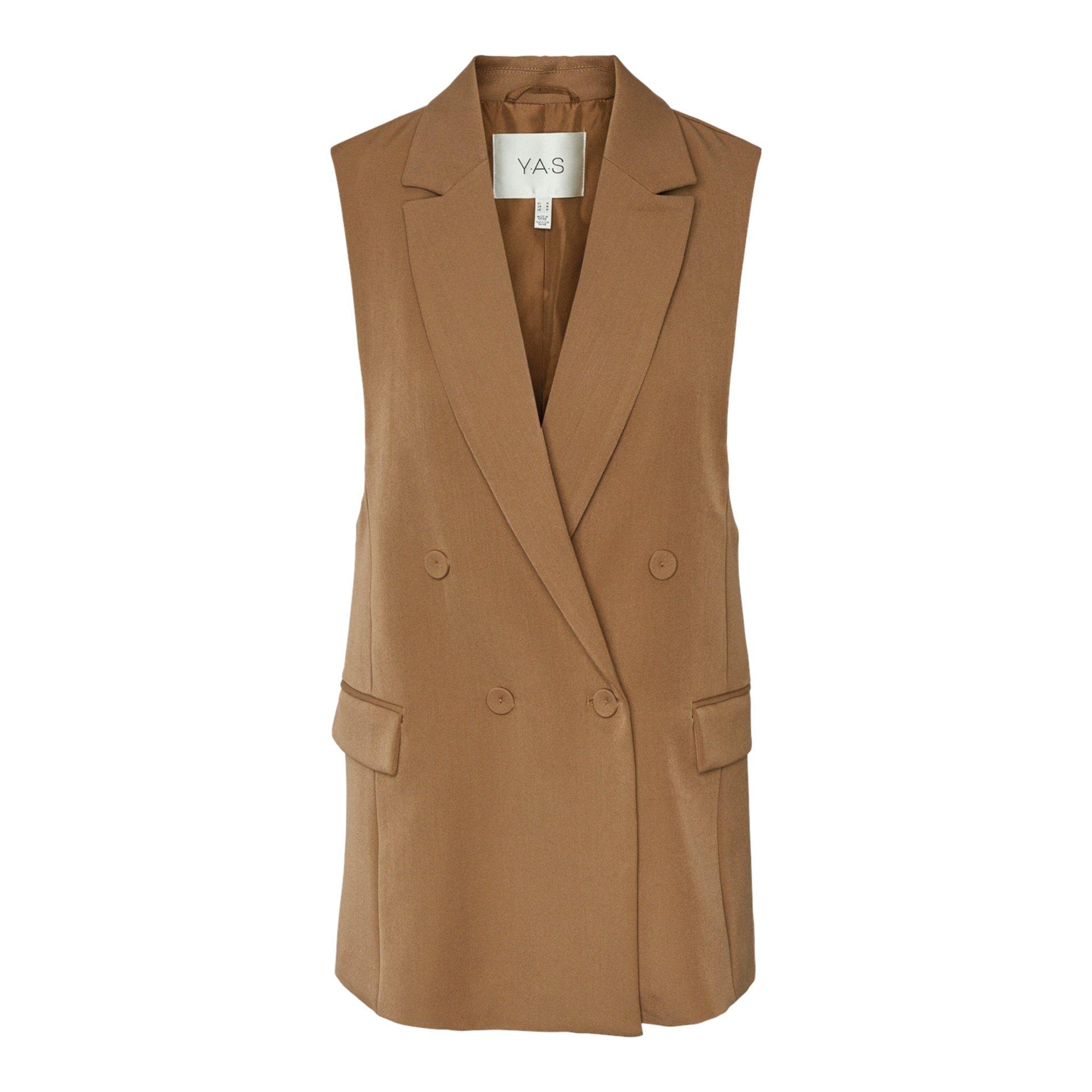 Colete feminino castanho com botões e gola de lapela da marca YAS