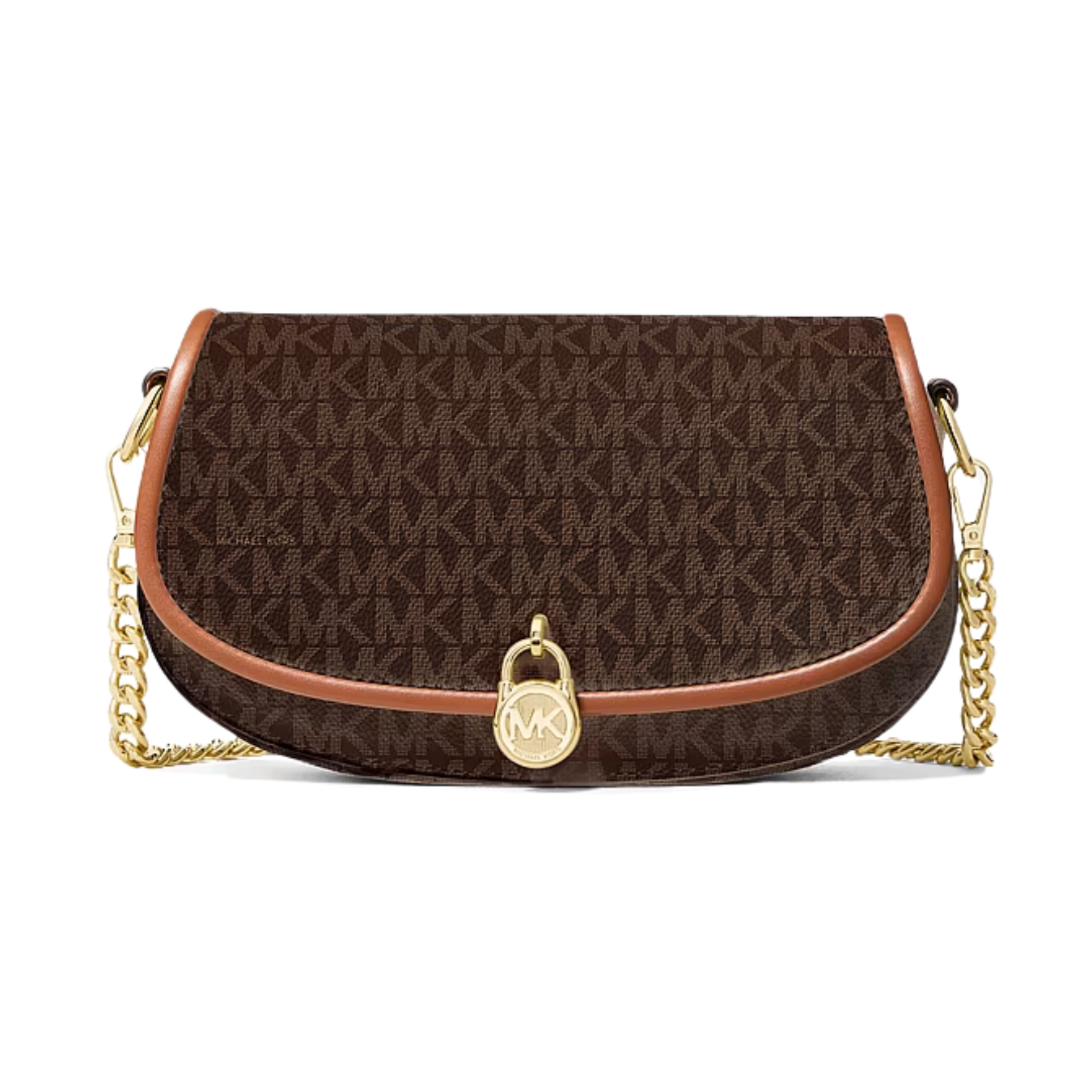 Mala de ombro Michael Kors castanha com padrão MK e corrente dourada.