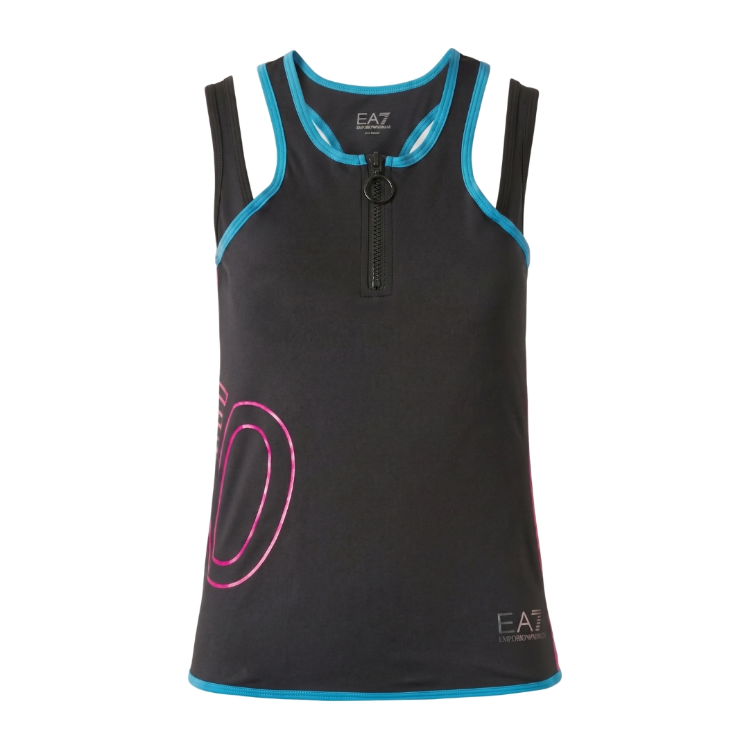 Top desportivo preto com detalhes em azul e rosa e fecho frontal curto.