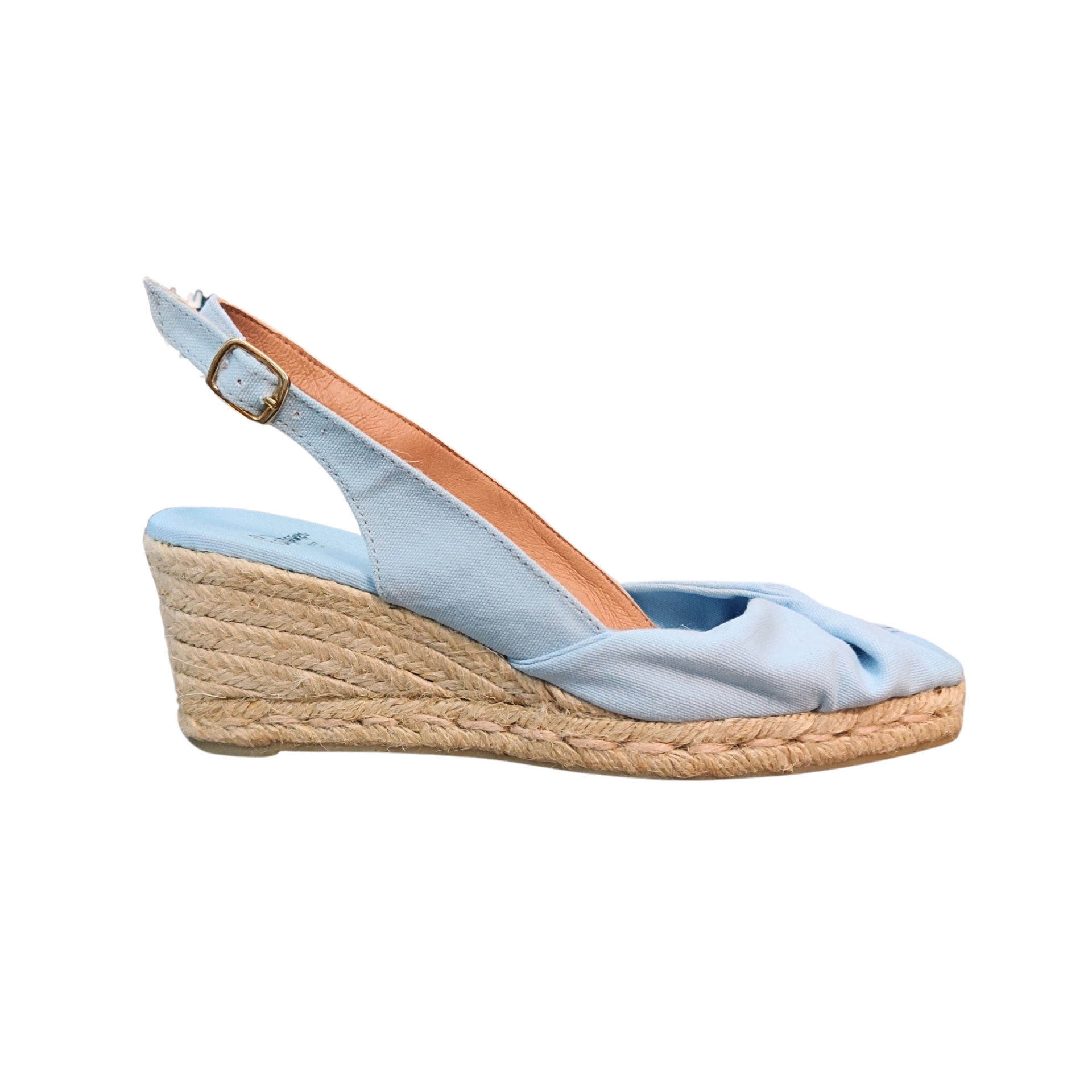 Sandália tipo cunha azul com sola de juta