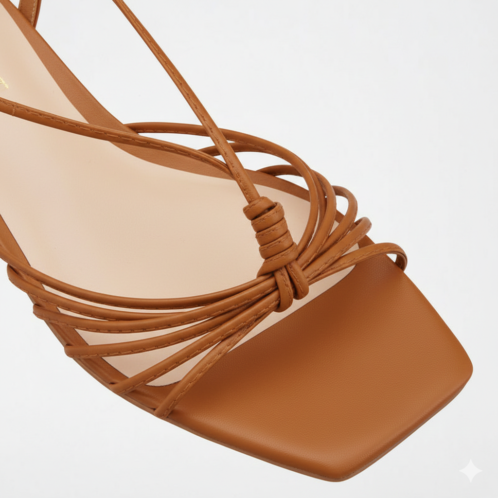Sandália castanha de tiras finas entrelaçadas com bico quadrado