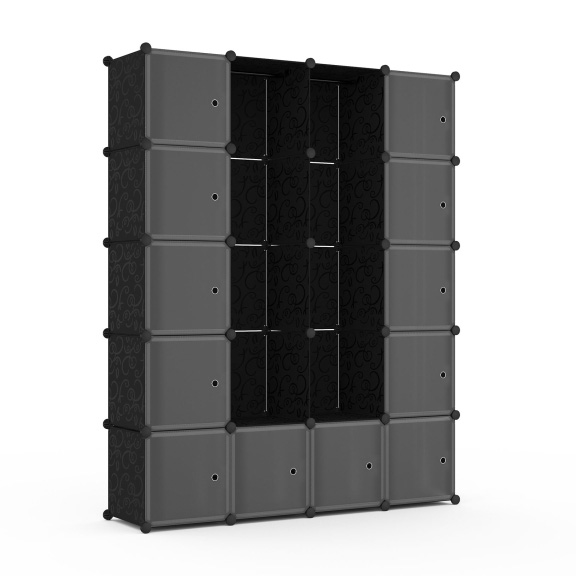 Armário modular preto com portas decoradas em padrão floral