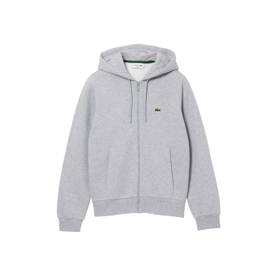 Casaco de capuz cinzento com fecho e bolsos frontais