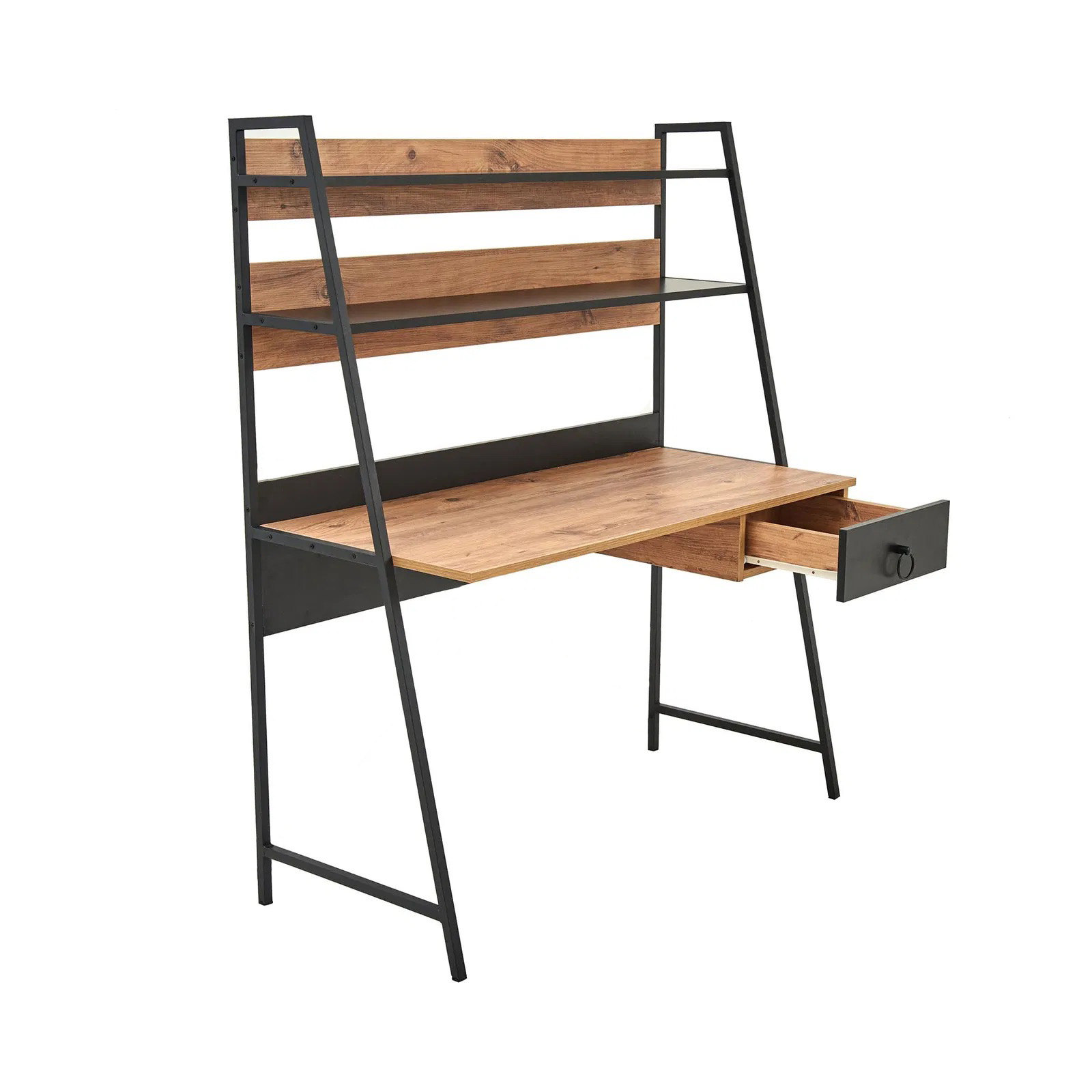 Secretária em madeira clara com estrutura metálica preta, duas prateleiras e gaveta lateral
