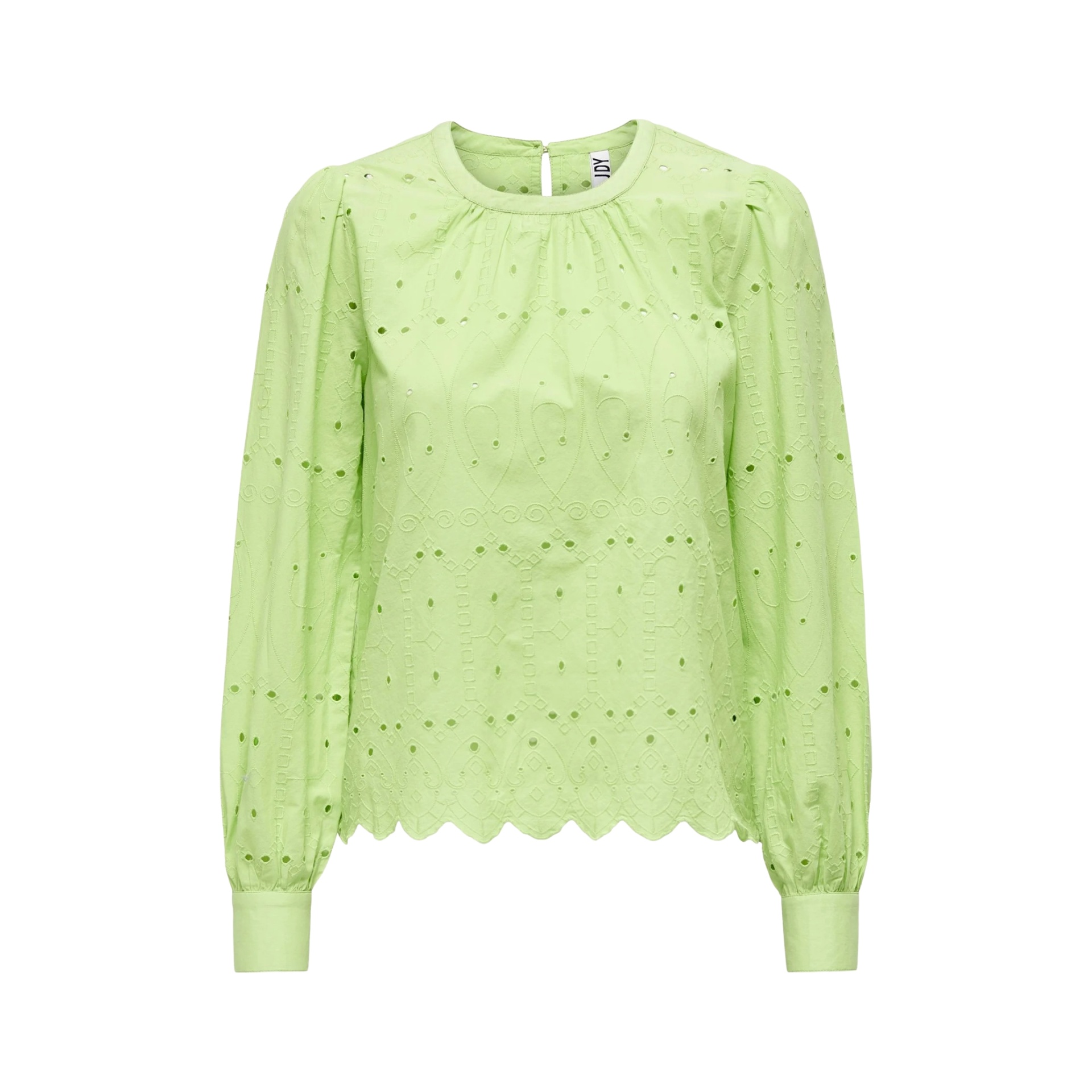 Camisa feminina verde clara bordada com mangas compridas e bainha ondulada