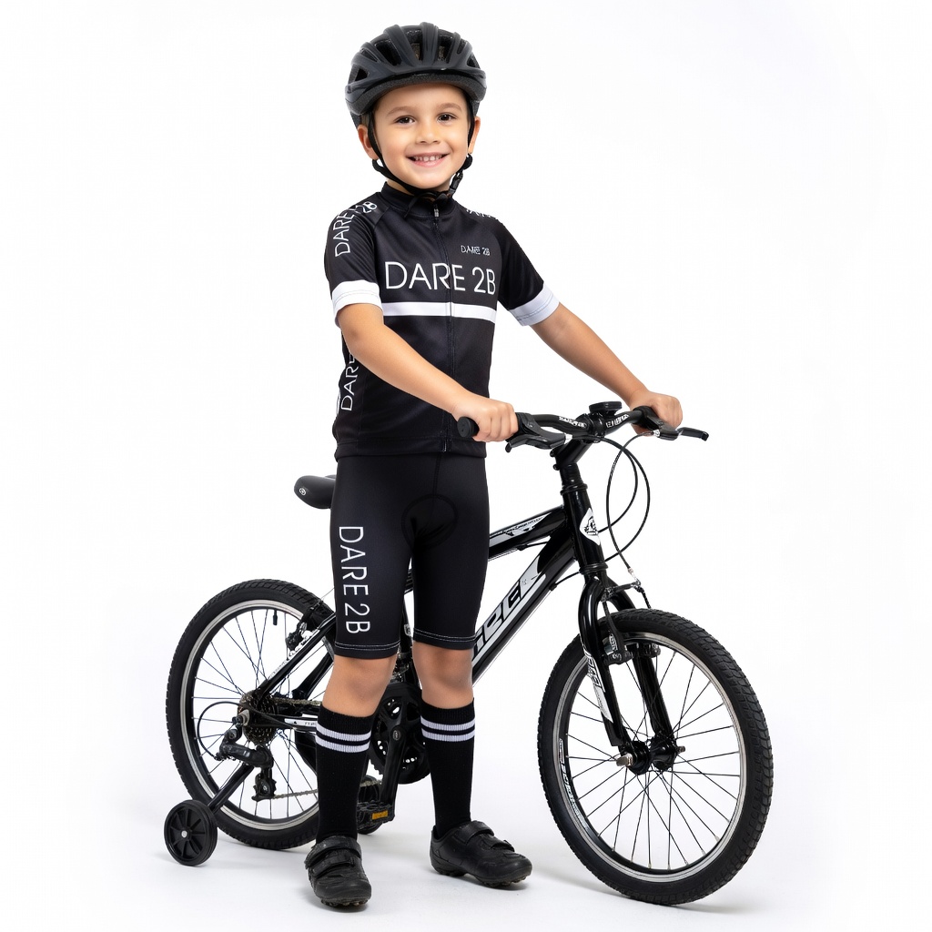 Menino com fato de ciclismo e bicicleta preta em fundo branco