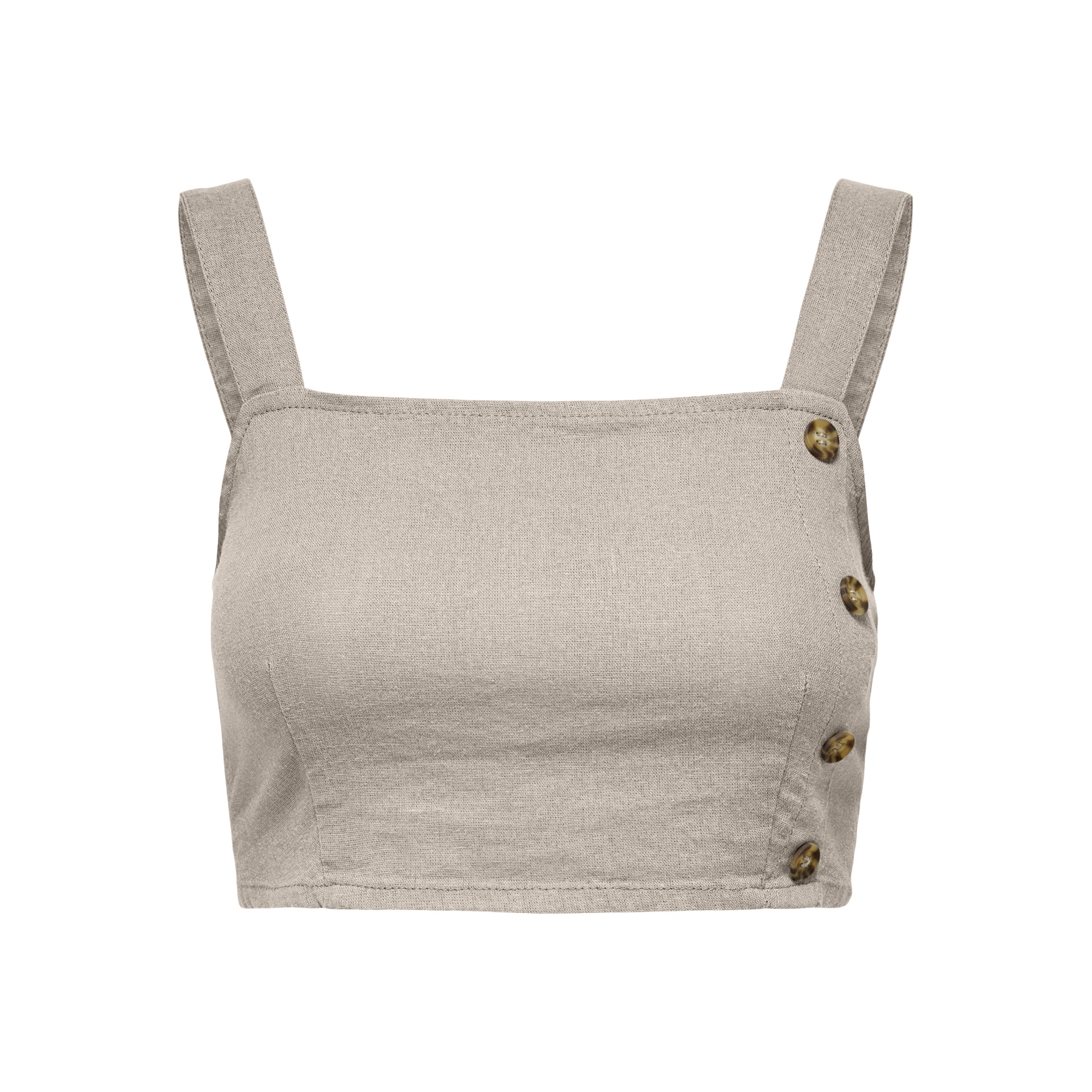 Top cropped feminino bege com botões castanhos laterais