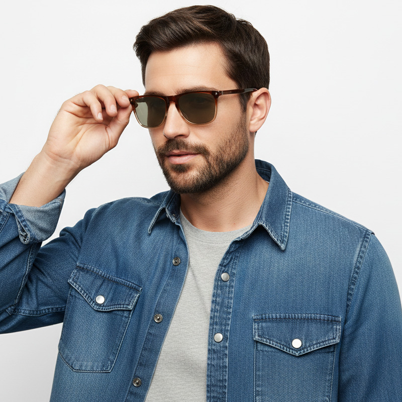 Homem a usar óculos de sol castanhos com lentes escuras e camisa de ganga azul