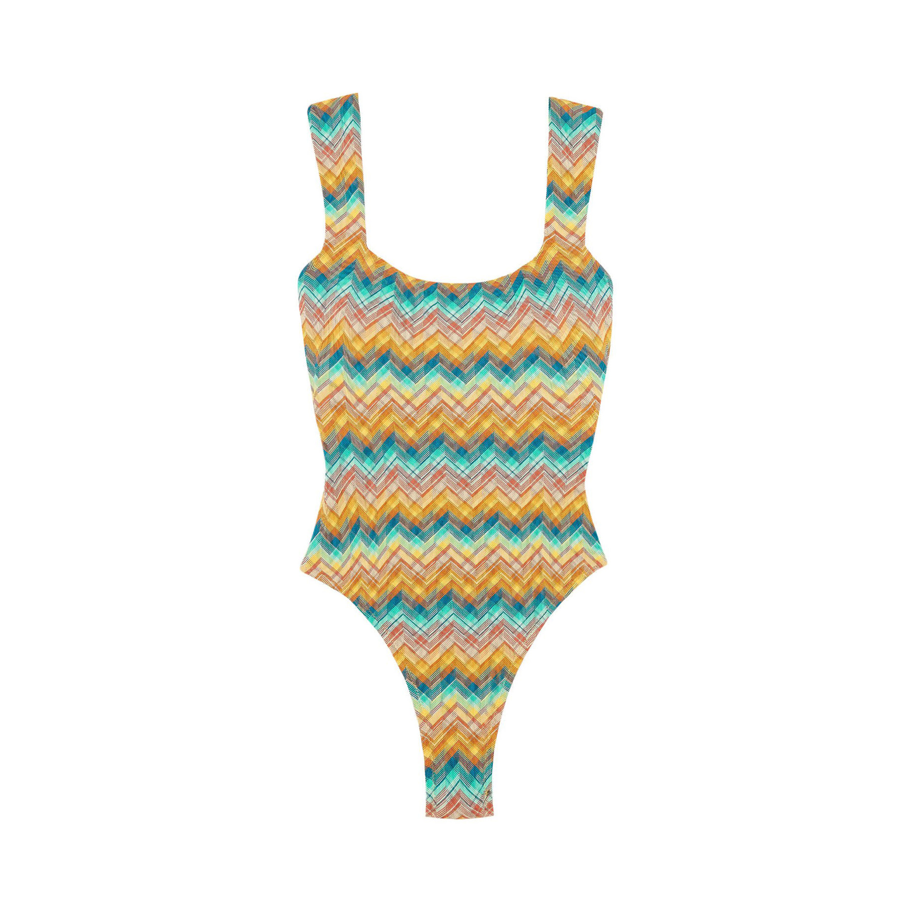 fato de banho colorido com padrão em ziguezague azul amarelo castanho