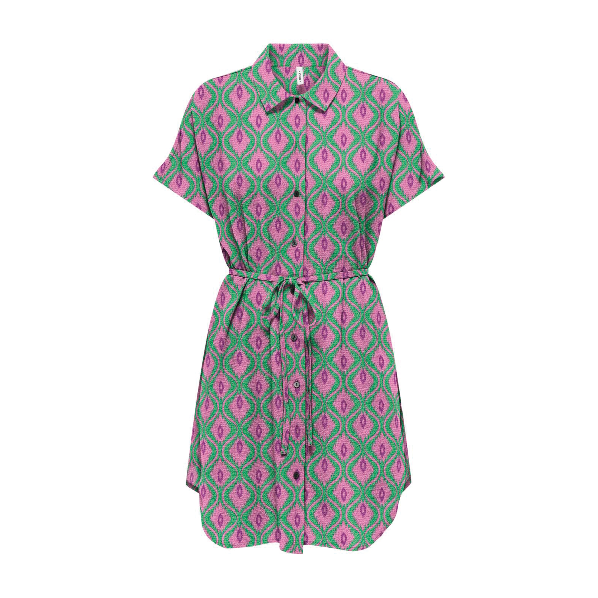 Vestido curto com padrão geométrico em verde, cor-de-rosa e lilás