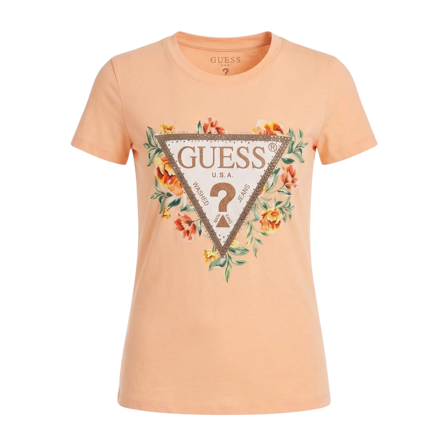 T-shirt peach da Guess com estampado triangular e padrão floral