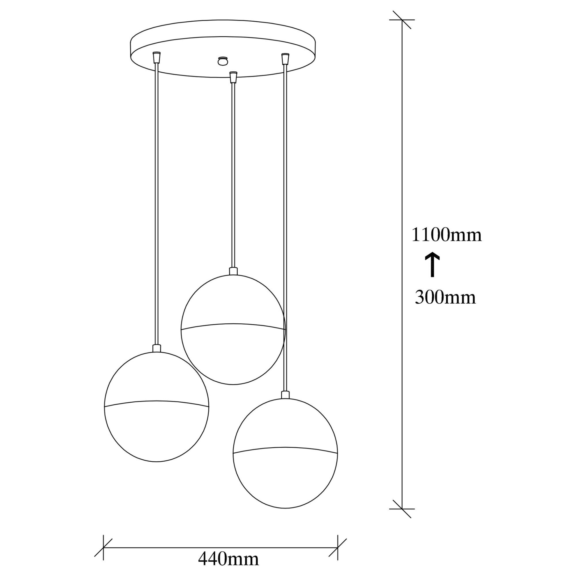 Candeeiro de tecto com três esferas pendentes e medidas indicadas.