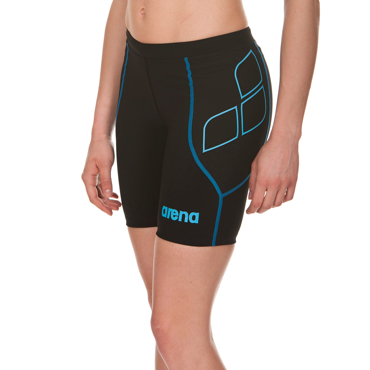 Calções de banho pretos com costuras azuis e logótipo azul arena