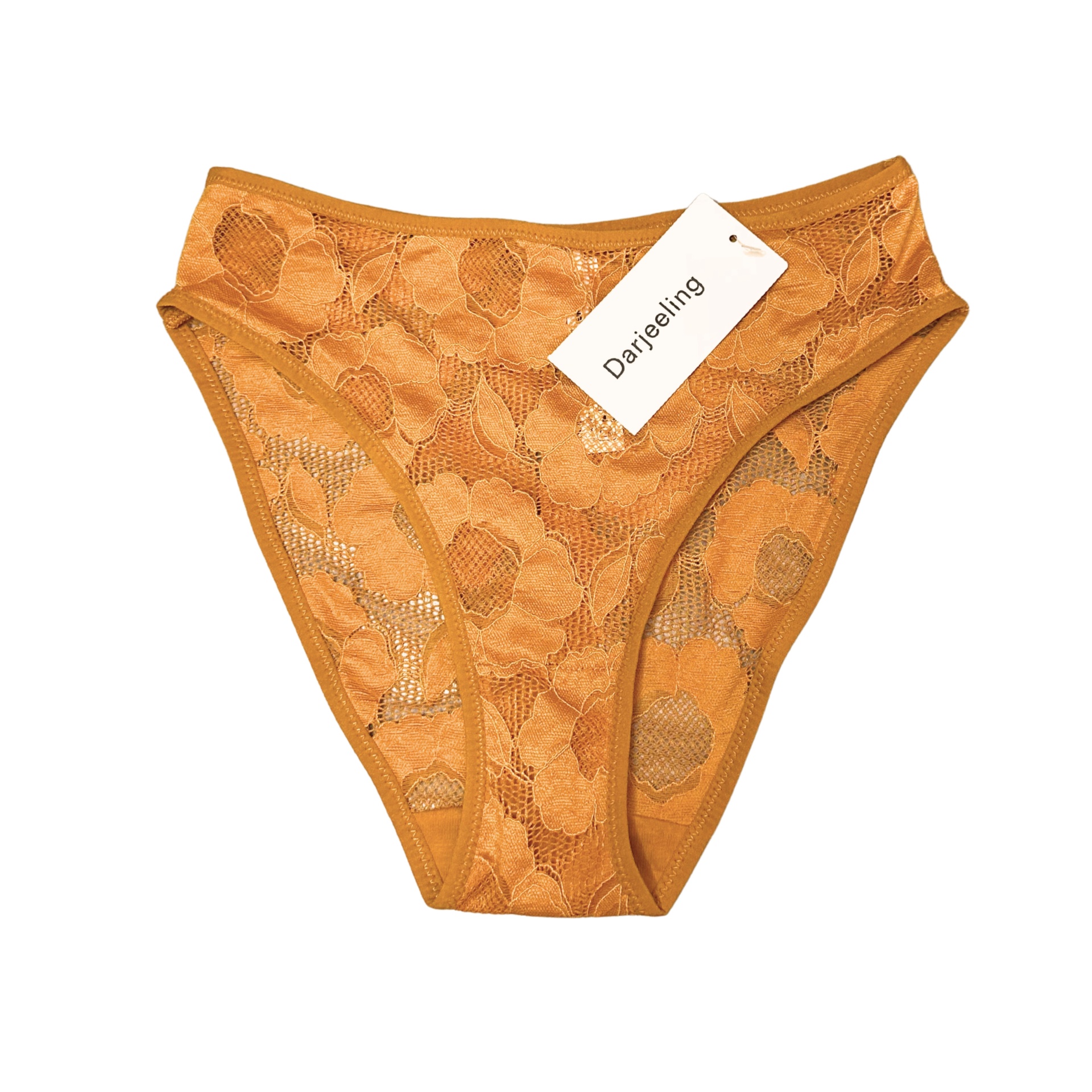 Cuecas de renda laranja com padrão floral e etiqueta Darjeeling