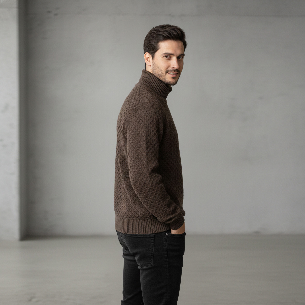 Homem com camisola castanha e calças pretas em fundo cinza