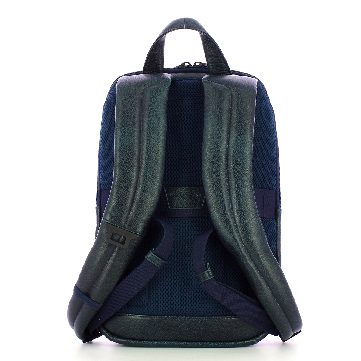 Mochila azul escura com alças acolchoadas em pele preta