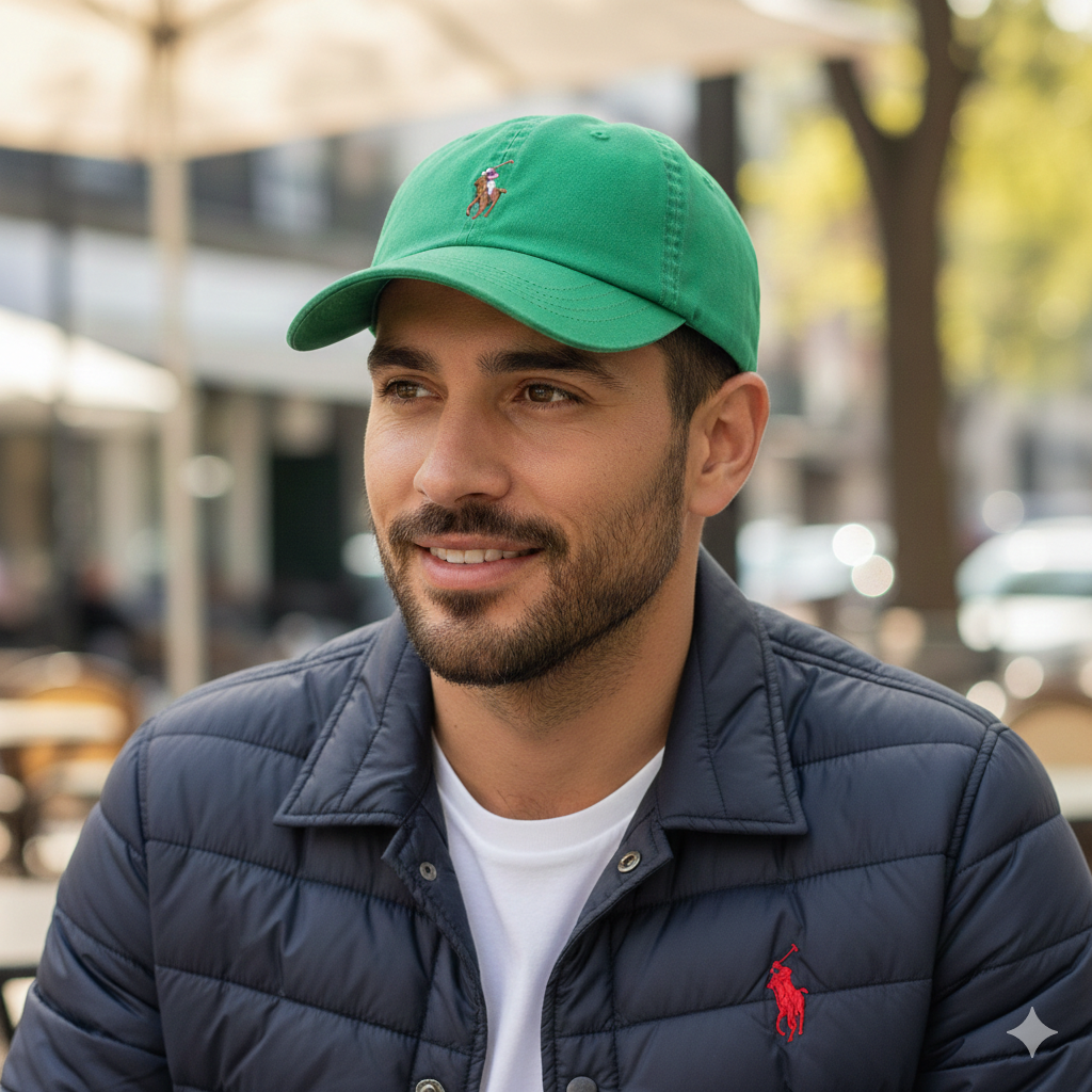 Homem com boné verde e jaqueta azul escura sentado num café ao ar livre