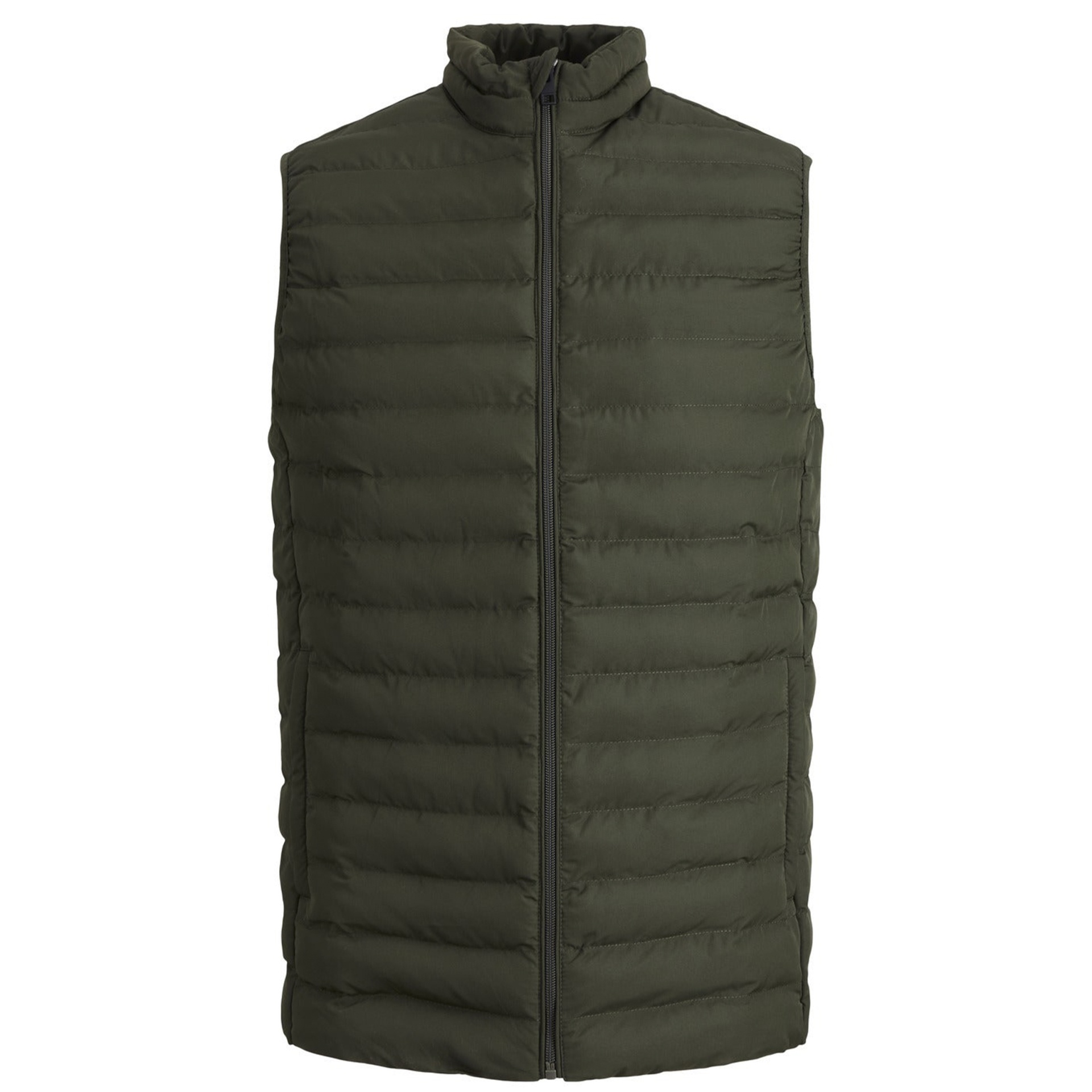 Colete masculino acolchoado verde escuro com fecho à frente e gola alta