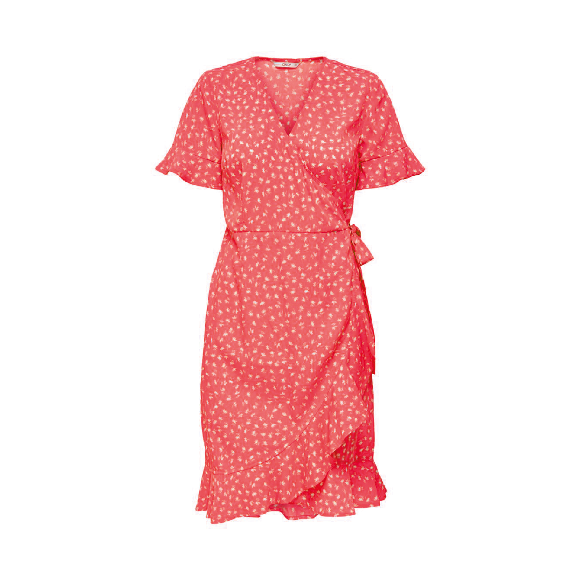 Vestido envelope vermelho coral com padrão floral branco e folhos