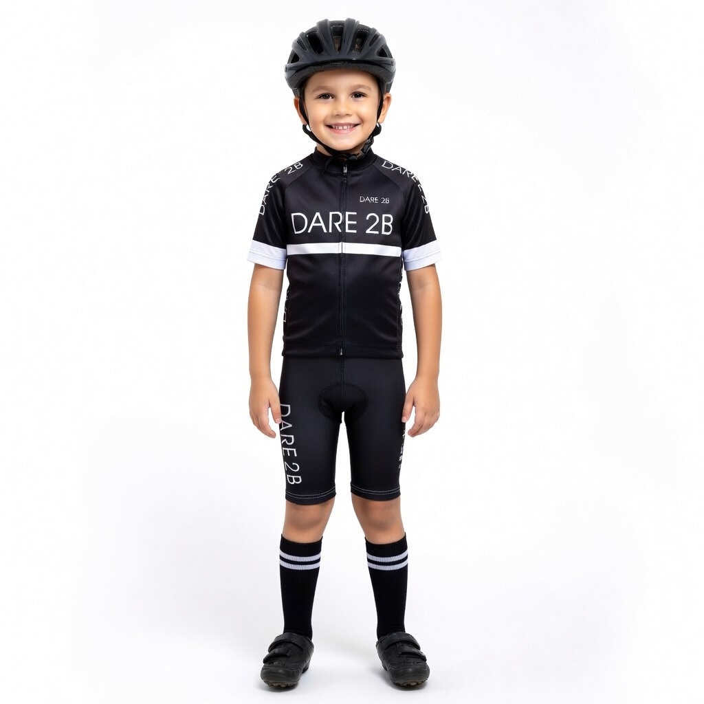 Menino com roupa de ciclismo preta DARE 2B e capacete