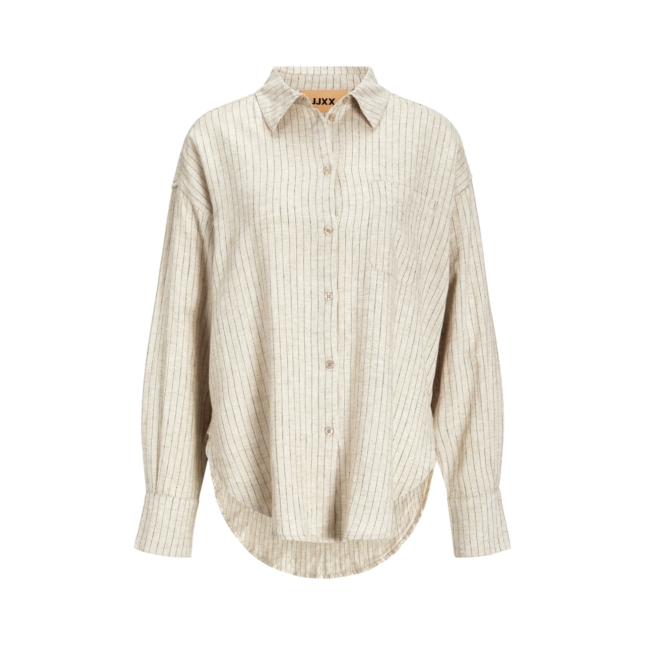 Camisa bege riscada com botões e gola clássica