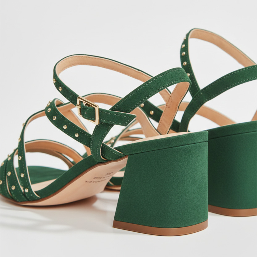Sandálias verdes de tacão médio com tiras e tachas douradas