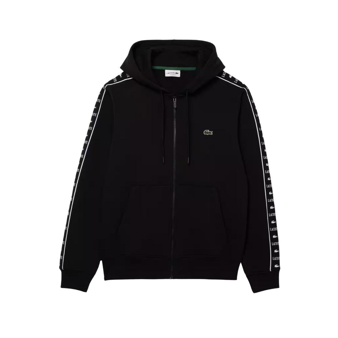 Casaco com capuz preto, fecho de correr e logotipo de crocodilo verde no peito