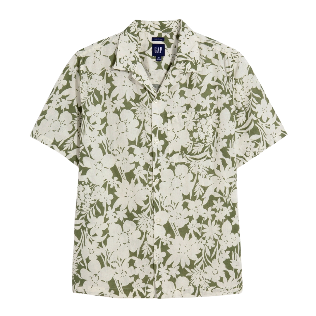 Camisola de manga curta com padrão floral branco e verde oliva