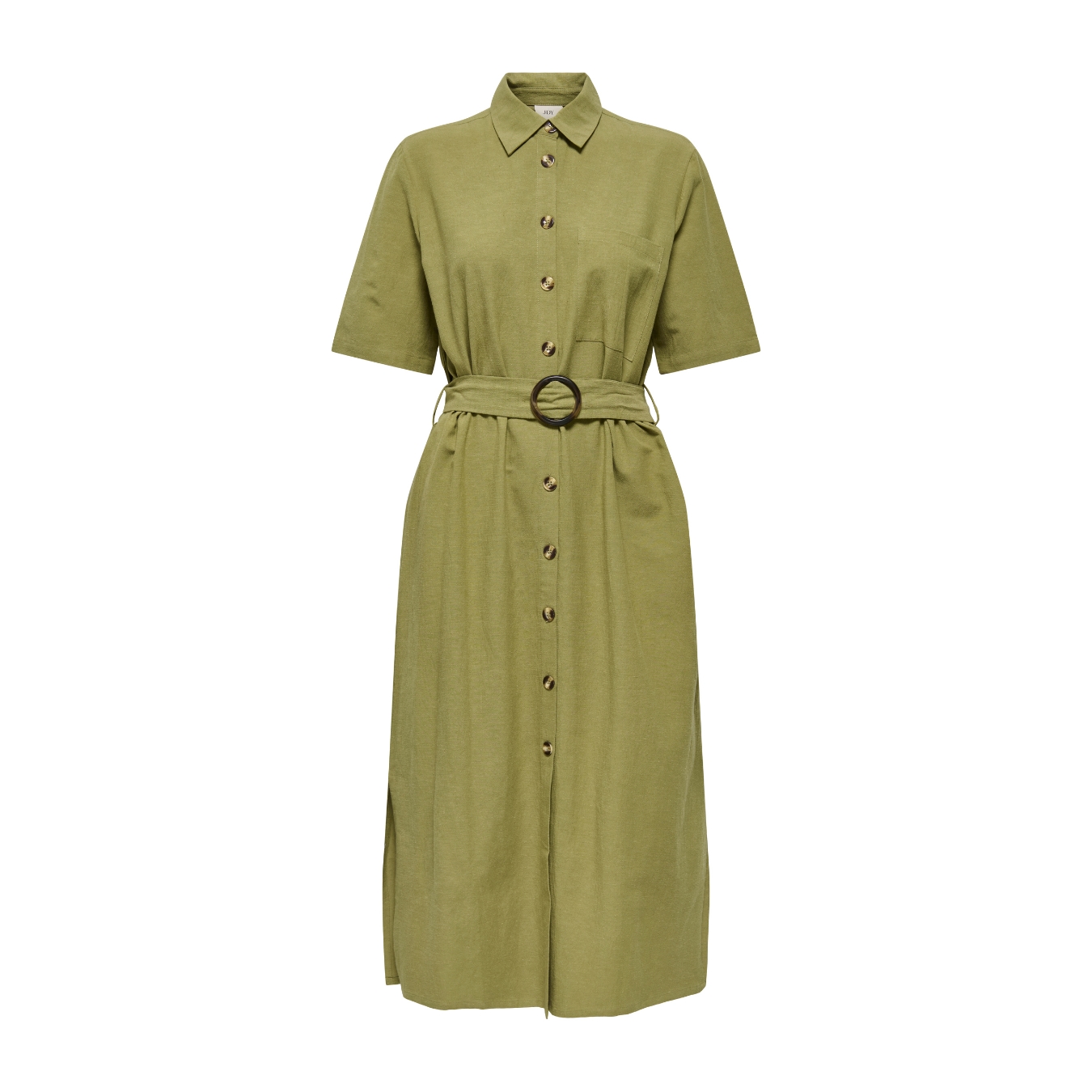 Vestido verde com botões e cinto com fivela redonda