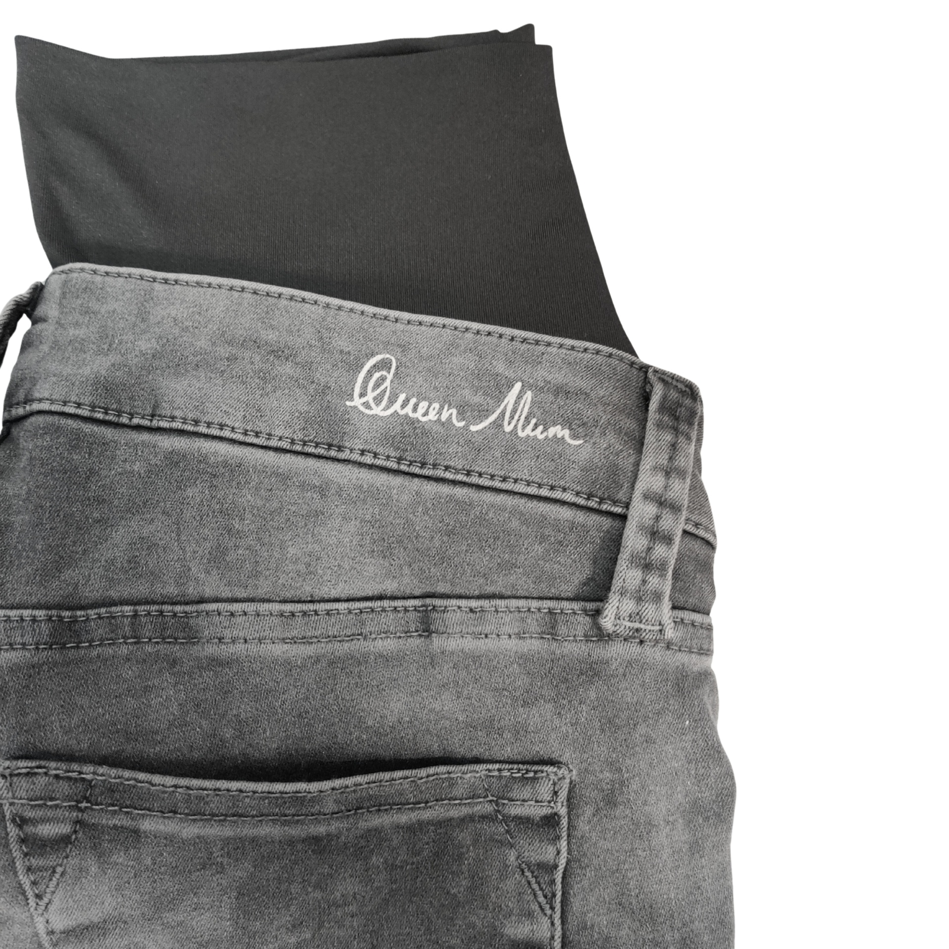 Calça de ganga cinza claro com bordado Queen Mum e tecido preto visível por dentro