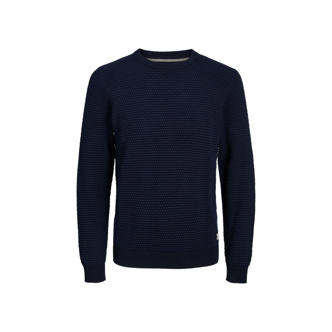 Camisola azul escura de malha com padrão texturizado e gola redonda