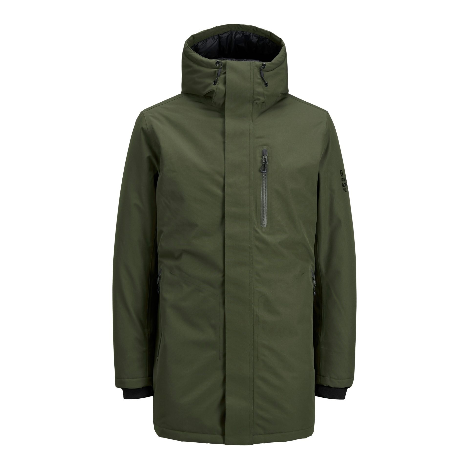 Casaco impermeável verde com capuz e vários bolsos com fecho