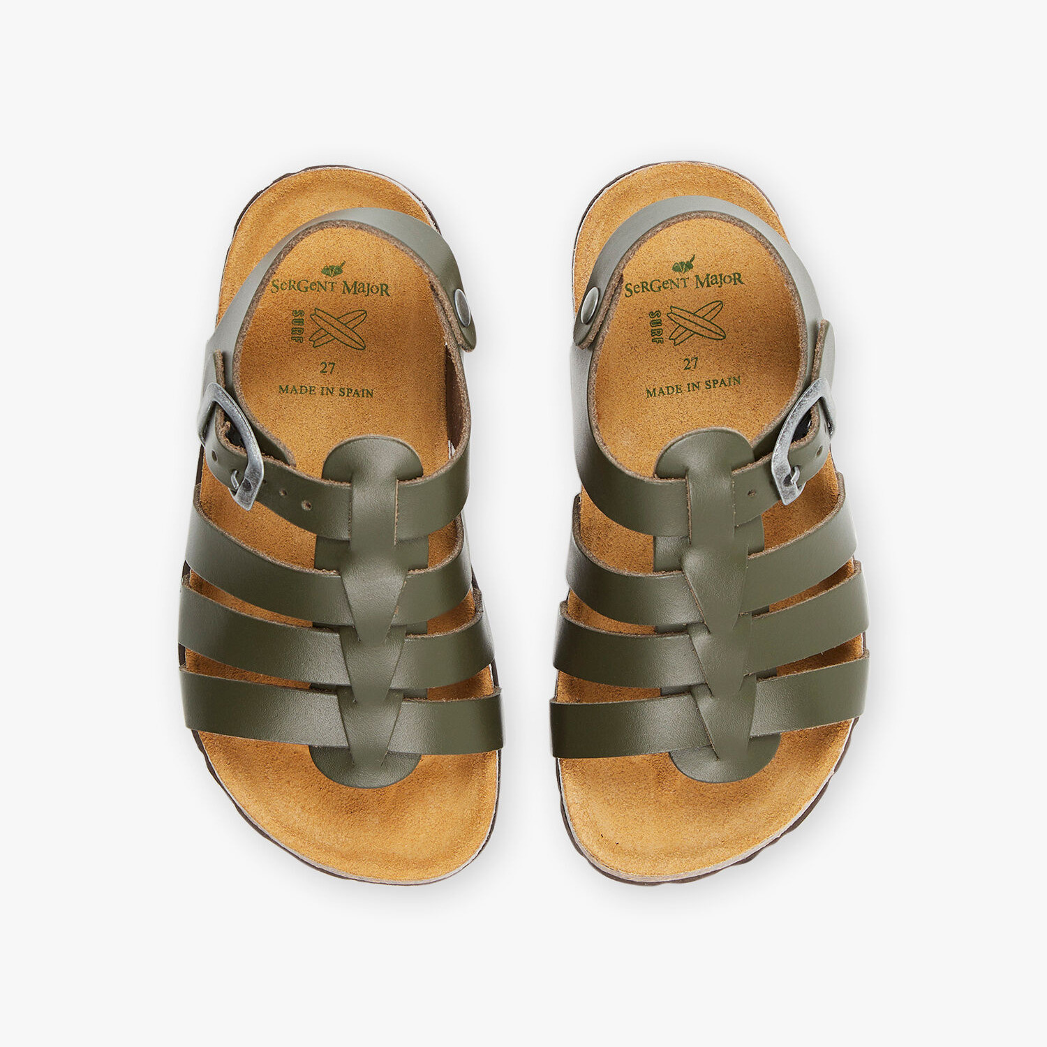 Sandálias de criança verdes com fivela e sola castanha