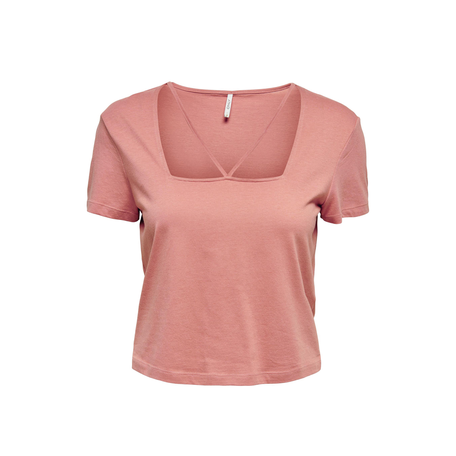 T-shirt feminina rosa com decote quadrado e manga curta