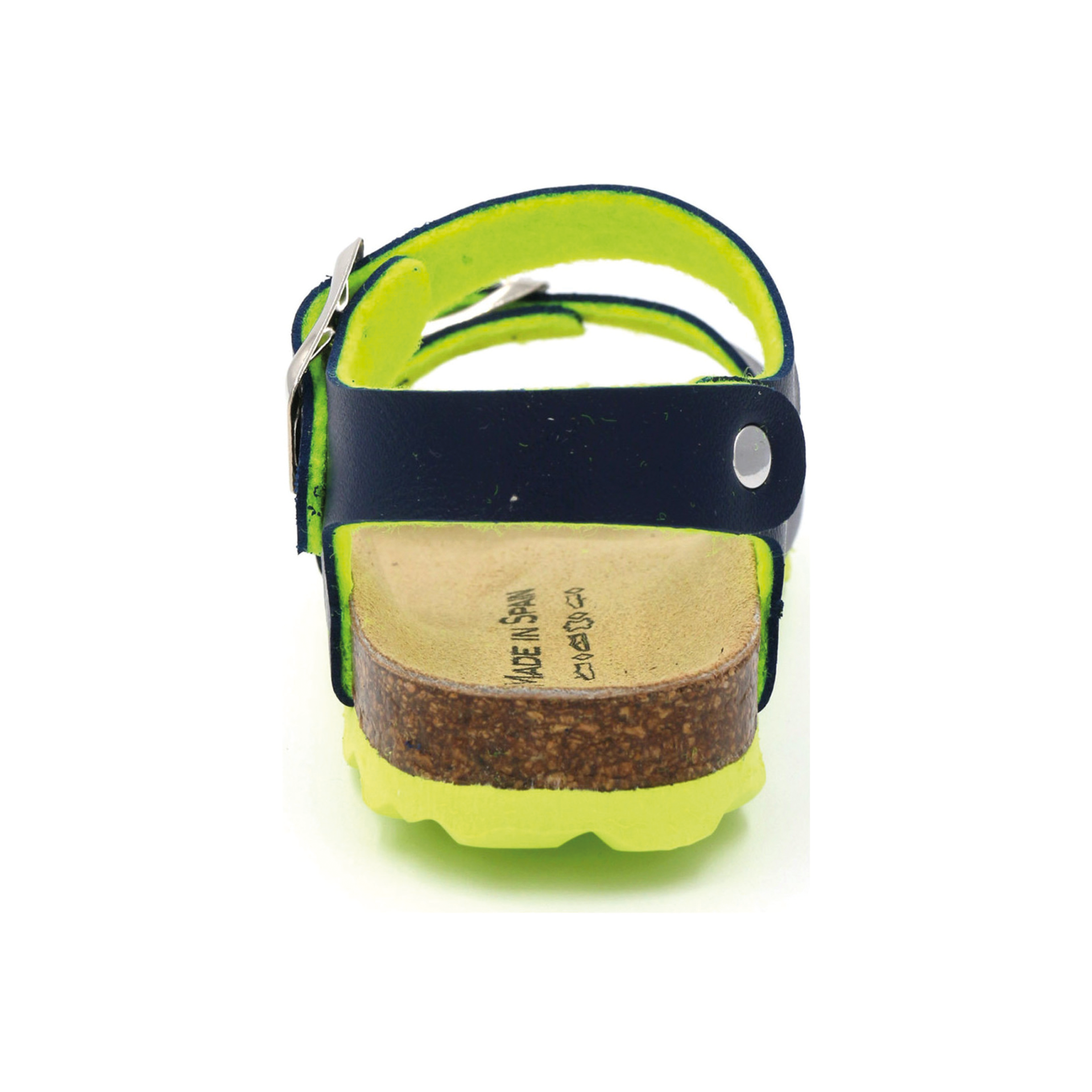 Sandália azul escuro com interior amarelo fluorescente e sola amarela