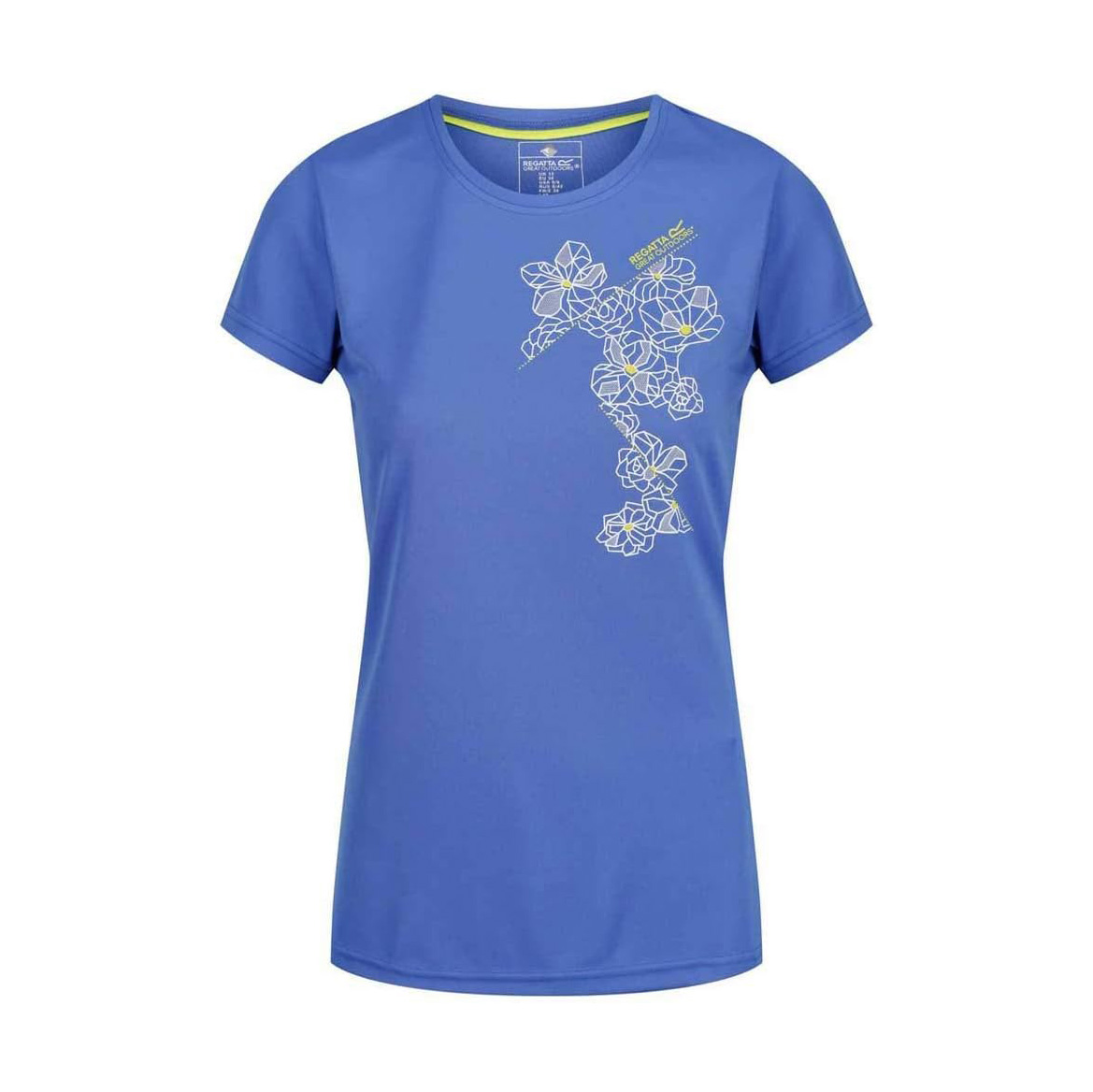 T-shirt feminina azul com estampagem branca de flores geométricas e texto REGATTA GREAT OUTDOORS