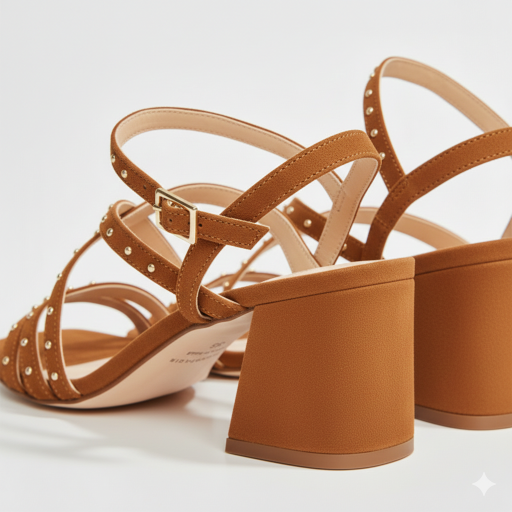 Sandálias castanhas com salto bloco e tachas douradas