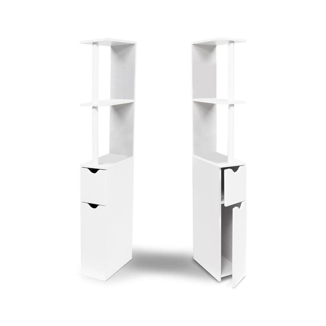 Móvel branco com prateleiras, gavetão e porta inferior