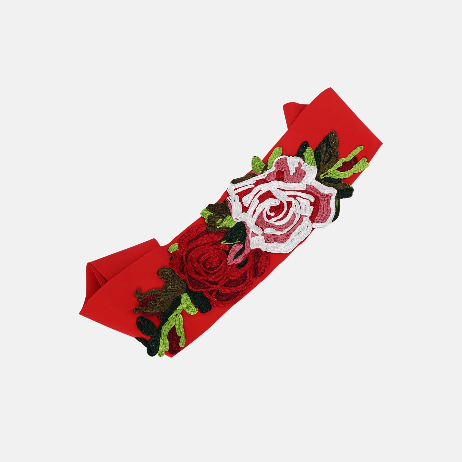 Cinto vermelho com bordado de rosas coloridas