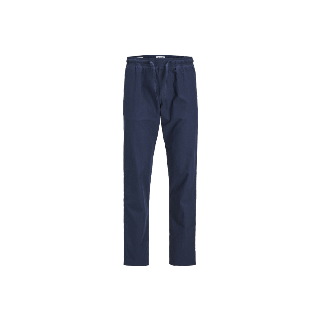 Calças azuis compridas com cordão na cintura