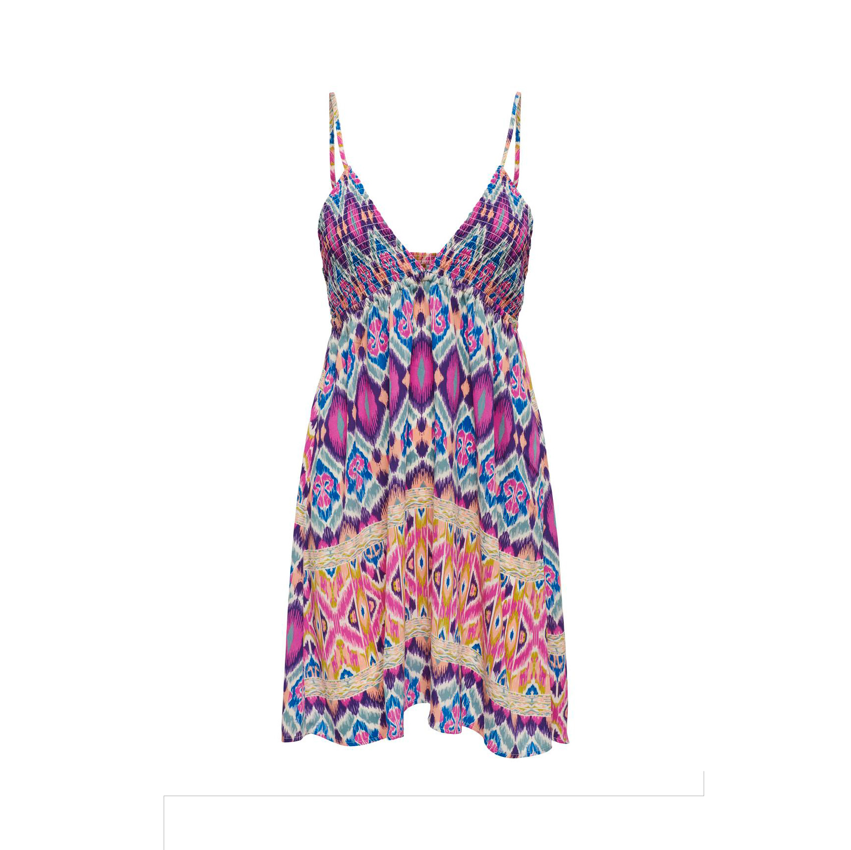 Vestido feminino com padrão geométrico colorido e alças finas