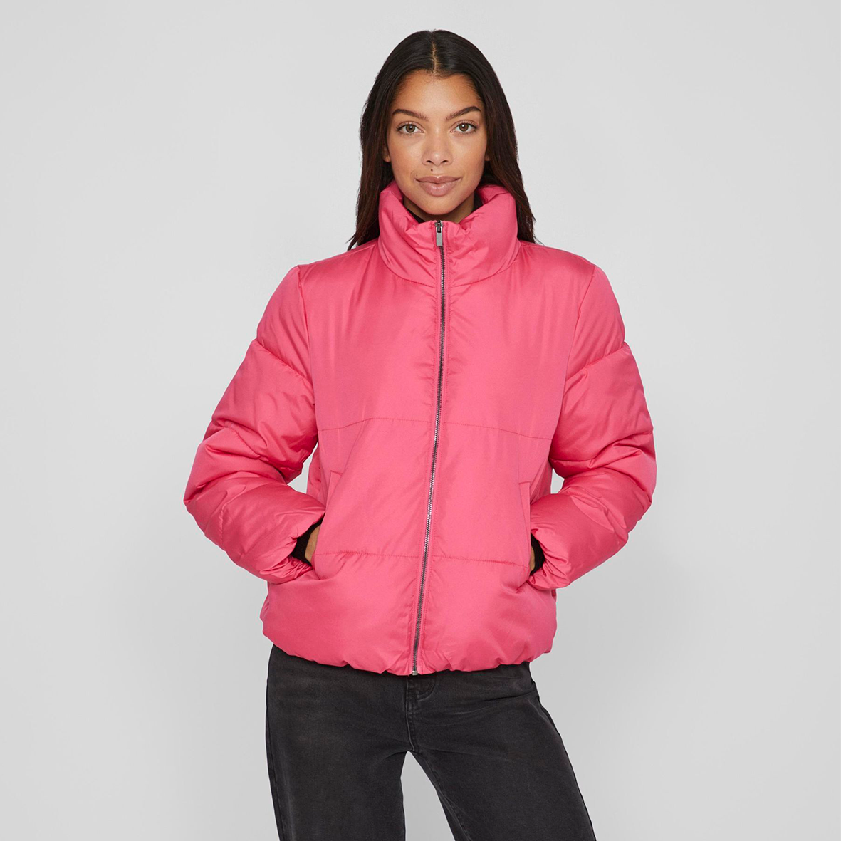 Casaco feminino rosa acolchoado com fecho de correr