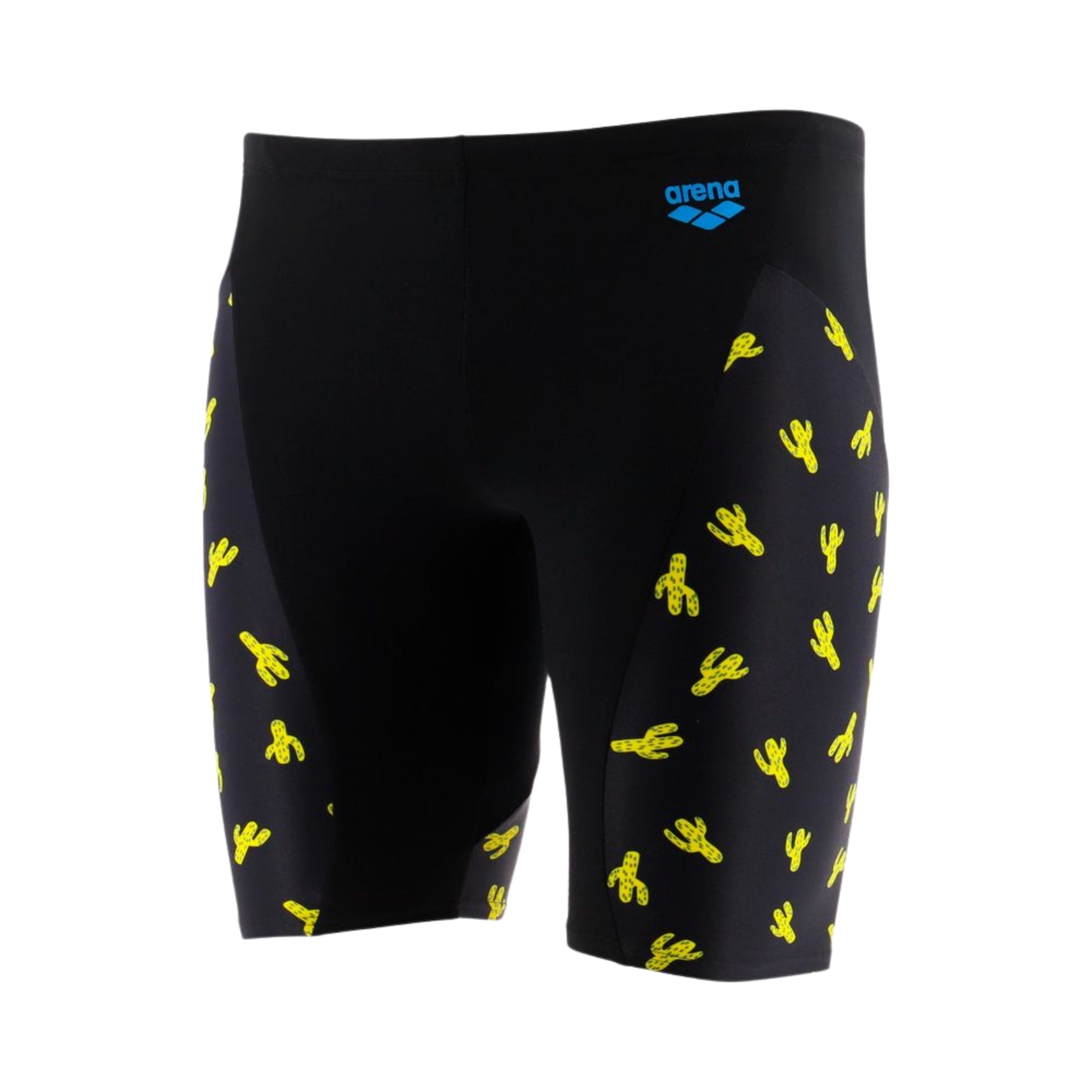 Calções de banho pretos com padrão de cactos amarelos e logo azul arena