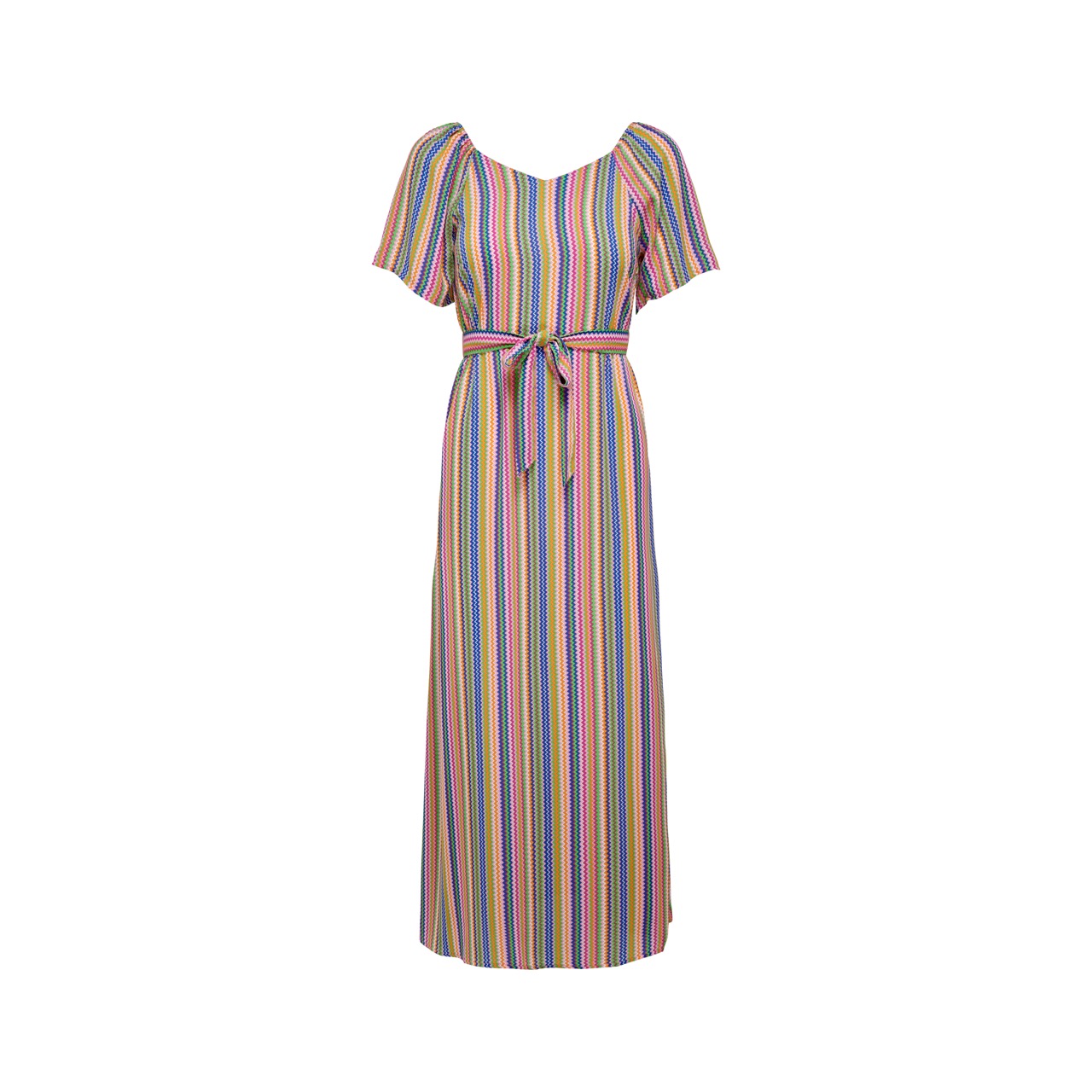 Vestido comprido listrado com mangas bufantes e cinto.