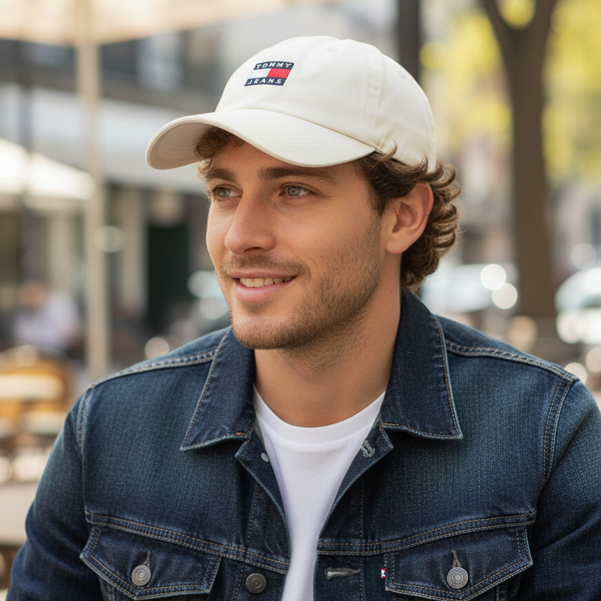 Homem com boné branco Tommy Jeans e camisa de ganga azul