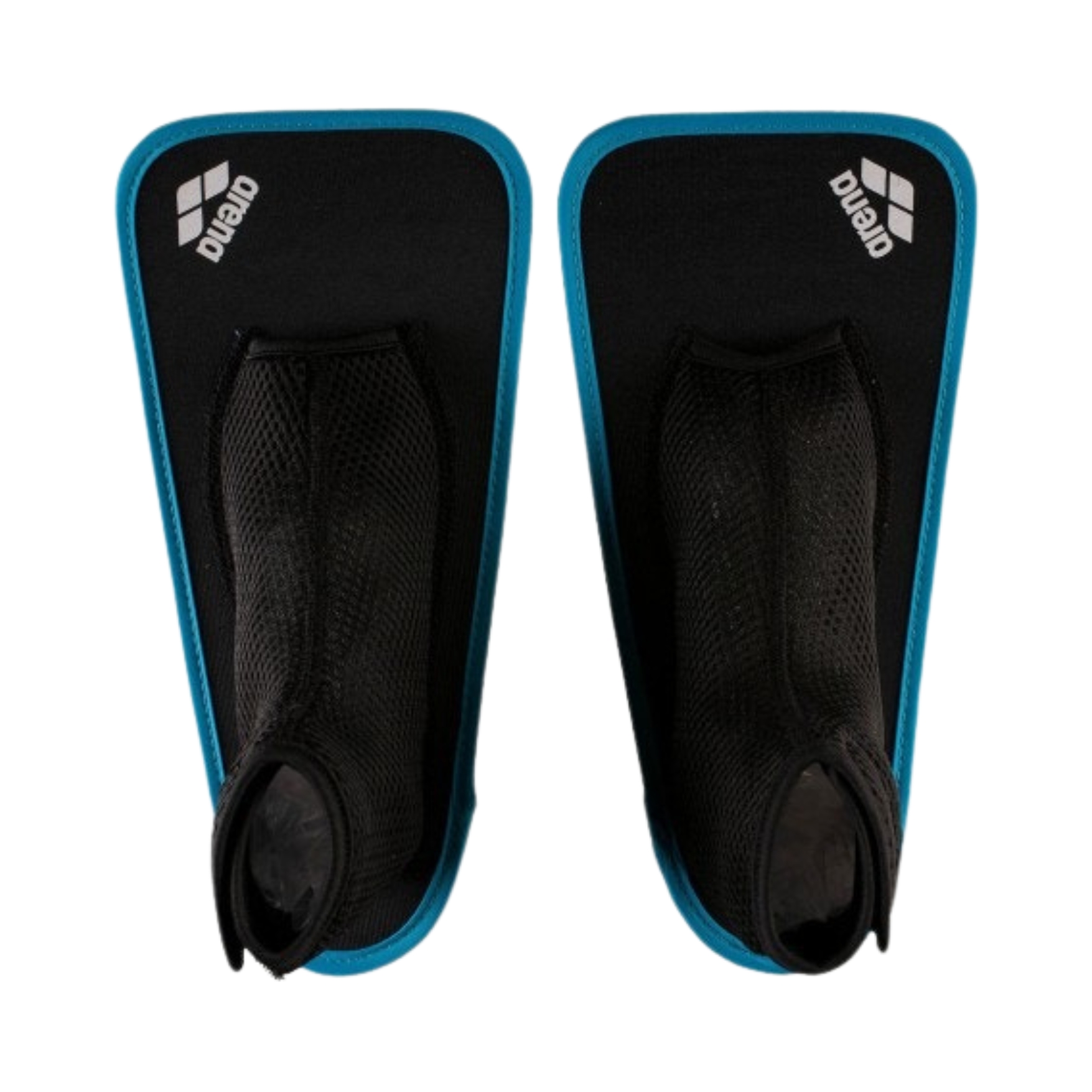 Par de palmar de natação Arena preto com borda azul e malha para encaixe da mão