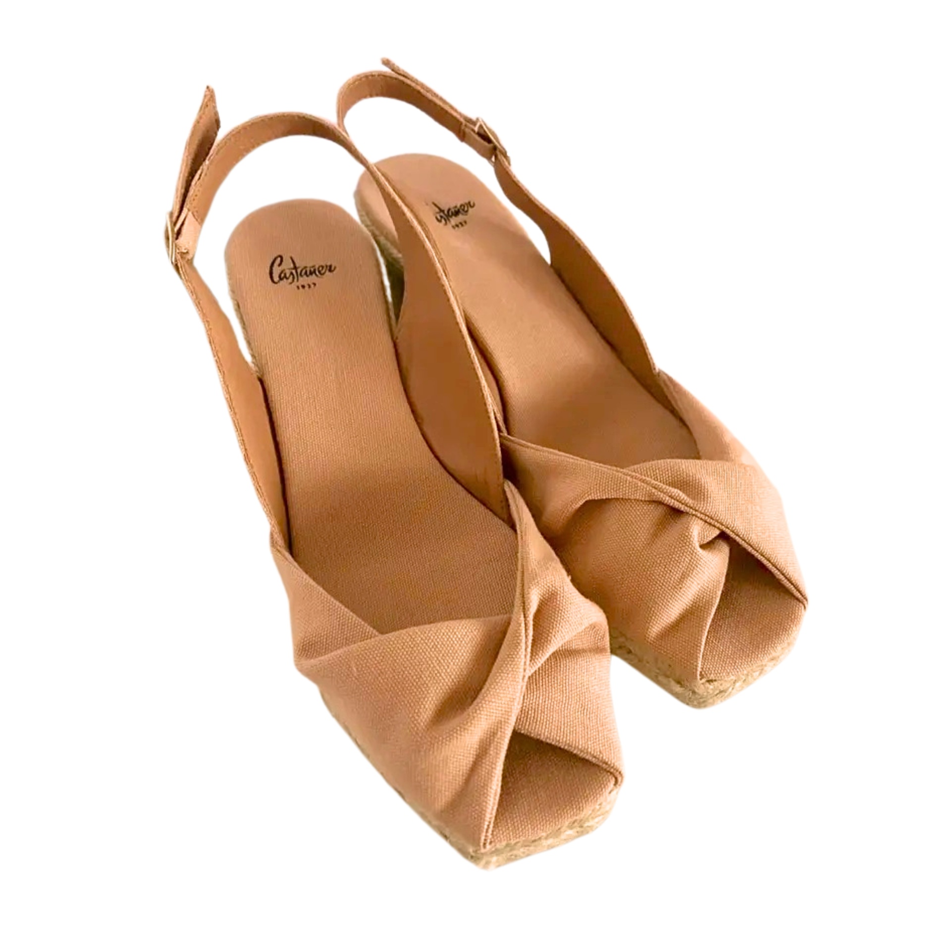 Sandálias femininas bege Castanheira com salto cortiça e design cruzado