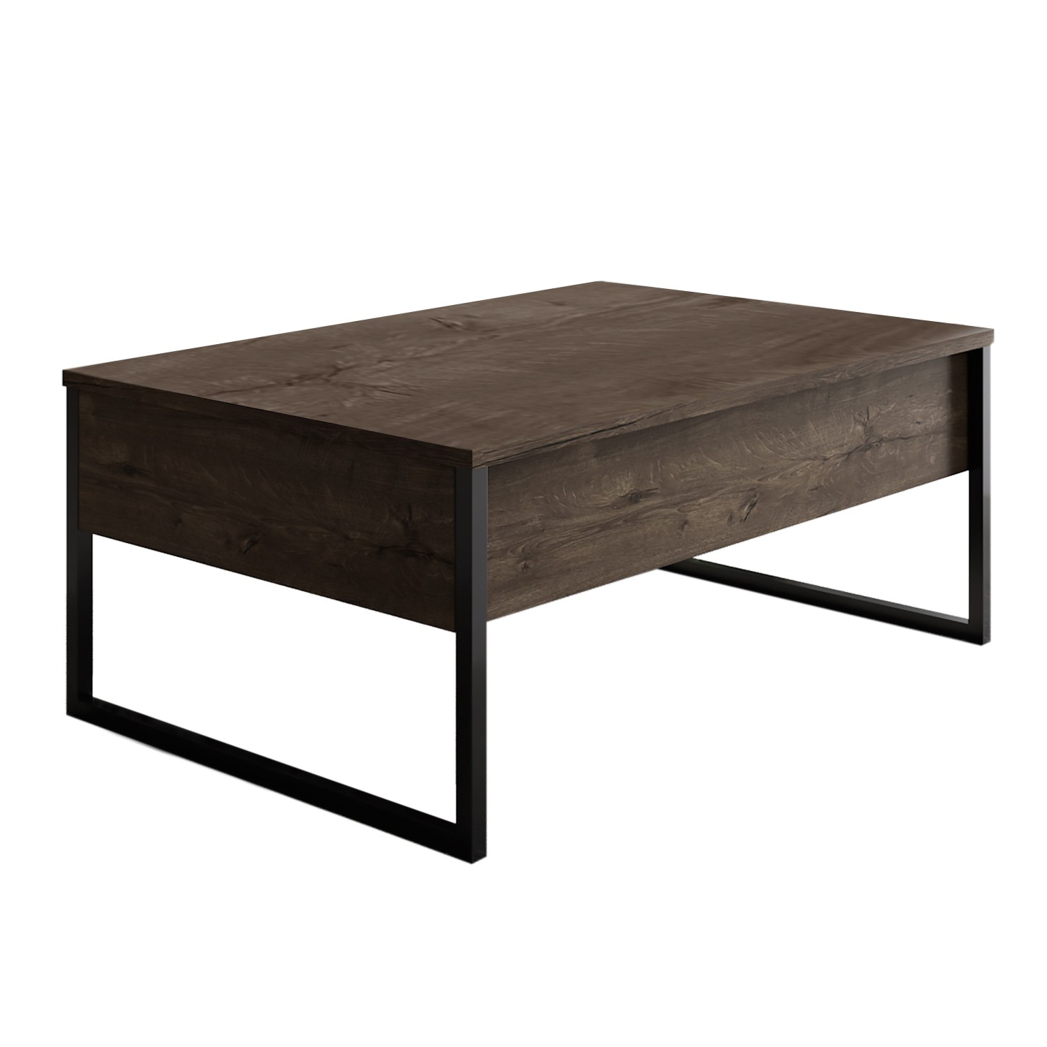 Mesa de centro em madeira escura com estrutura preta