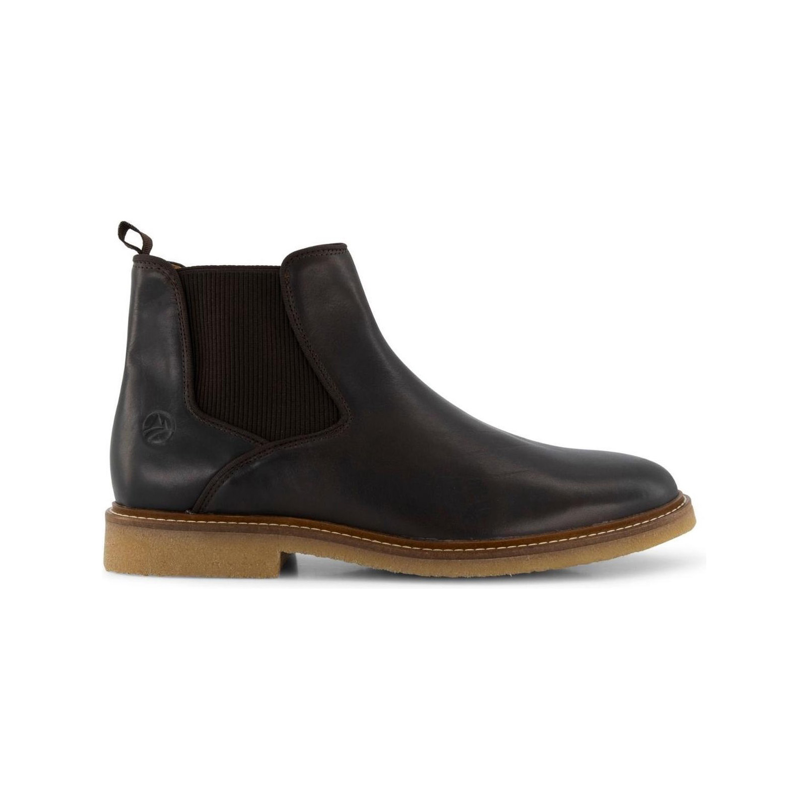 Bota Chelsea em pele castanha escura com elásticos laterais pretos e sola castanha clara